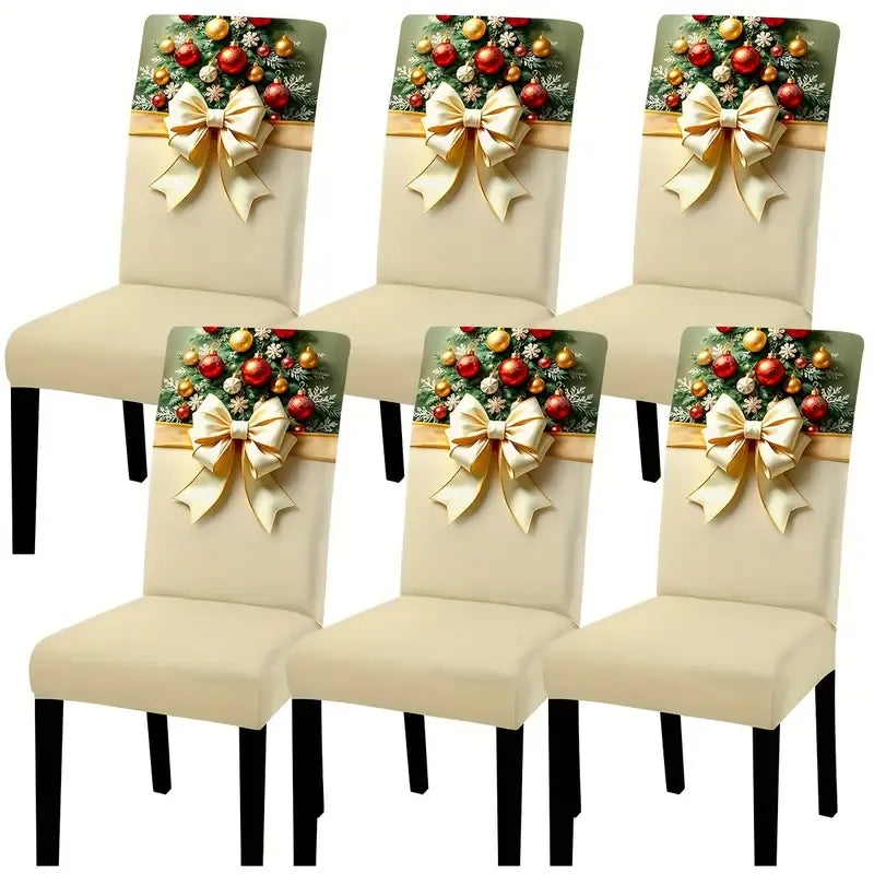 4PCS Christmas Stretch Dining Chair Covers | Snug-Fit Elastic Design, Printed with Ornaments, Snowflakes & Gold Bows, Removable & Machine Washable, Soft Stretch Protective Covers, Ideal for Holiday Gatherings & Home Décor