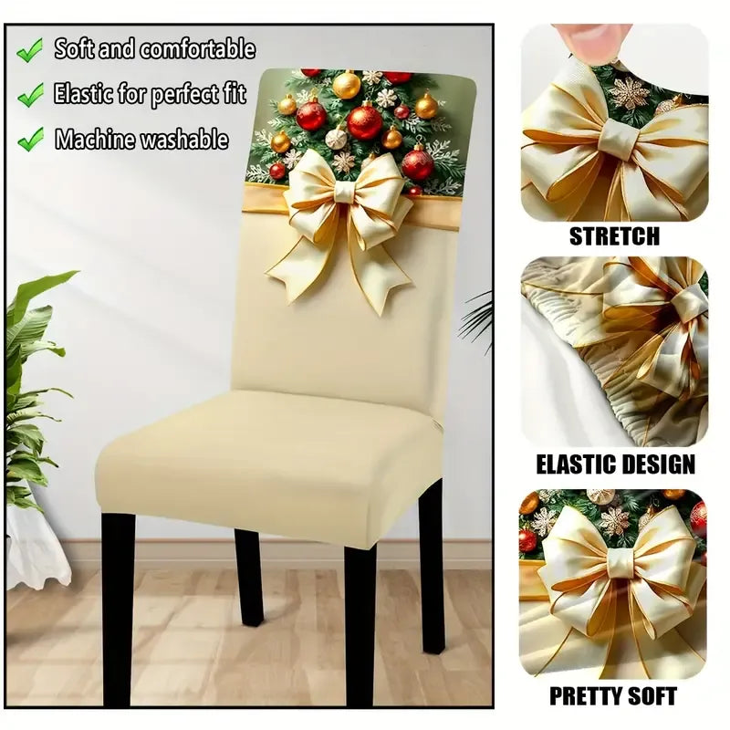 4PCS Christmas Stretch Dining Chair Covers | Snug-Fit Elastic Design, Printed with Ornaments, Snowflakes & Gold Bows, Removable & Machine Washable, Soft Stretch Protective Covers, Ideal for Holiday Gatherings & Home Décor