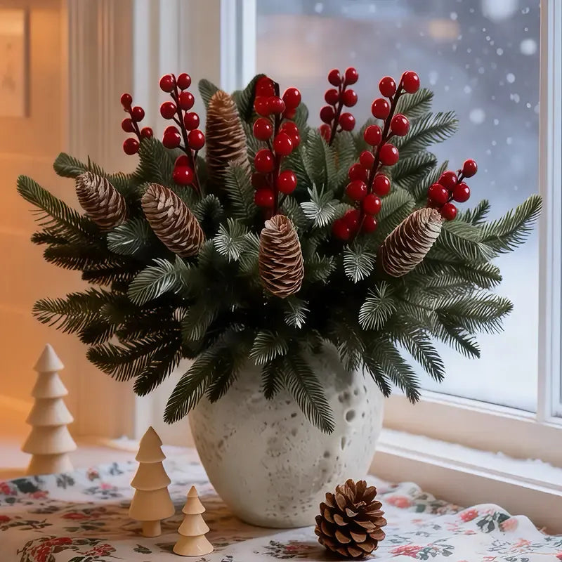 40-Piece Artificial Pine Needle Red Berry Pinecone Set, Essential for Christmas Table Decoration and DIY Wreaths