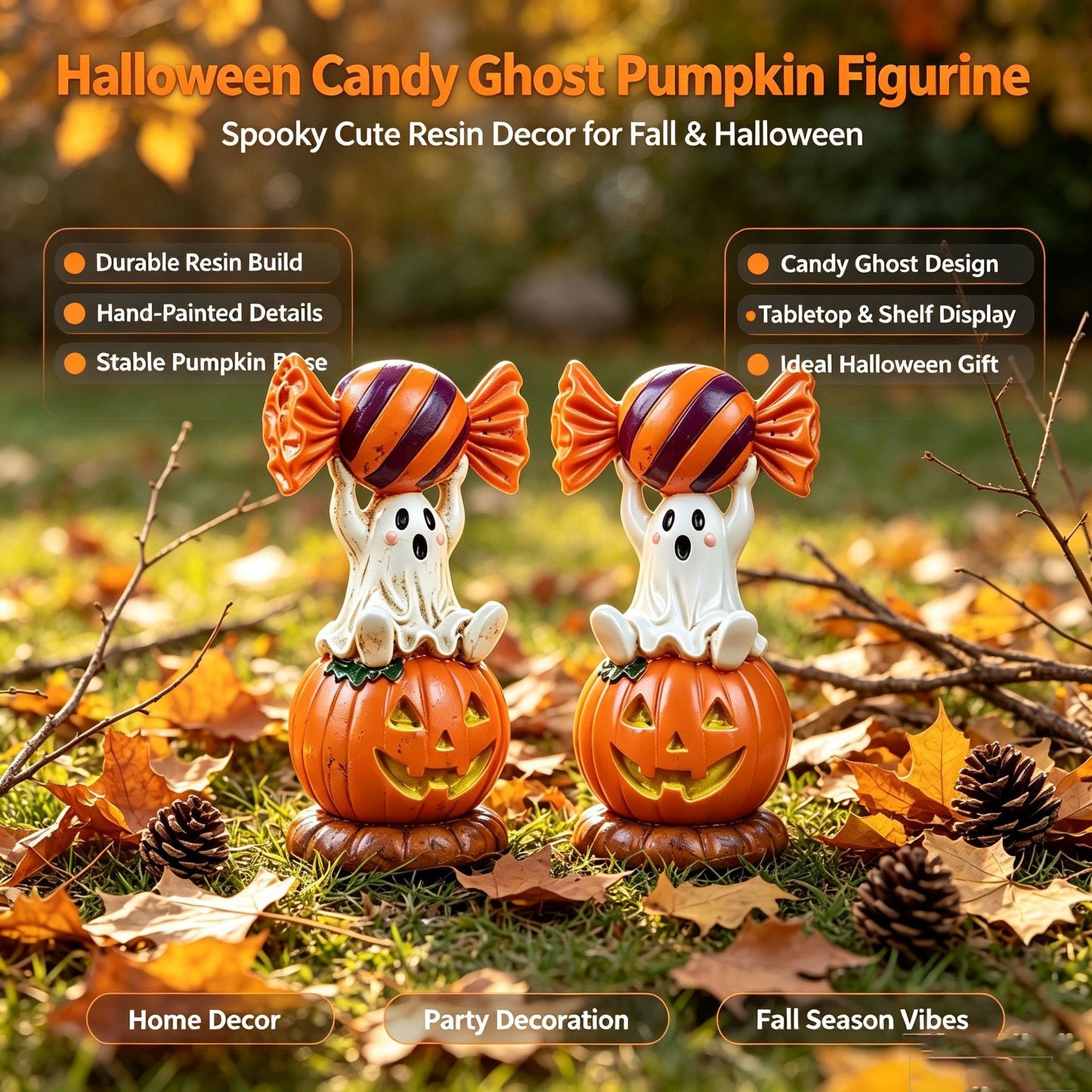 Halloween Resin Ghost Pumpkin Figurine: Little Ghost Sitting on Pumpkin with Candy on Head, Vintage Distressed Finish, Cute and Full of Character, Perfect for Desktops and Party Vibes.Ghost candy pumpkin-old style