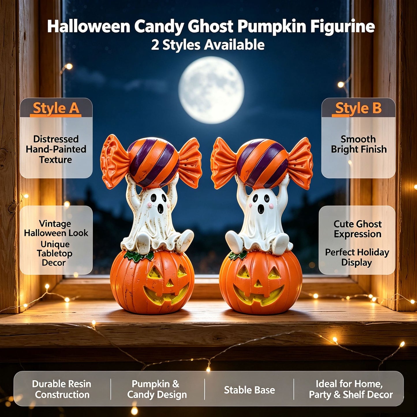 Halloween Resin Ghost Pumpkin Figurine: Little Ghost Sitting on Pumpkin with Candy on Head, Vintage Distressed Finish, Cute and Full of Character, Perfect for Desktops and Party Vibes.Ghost candy pumpkin-old style