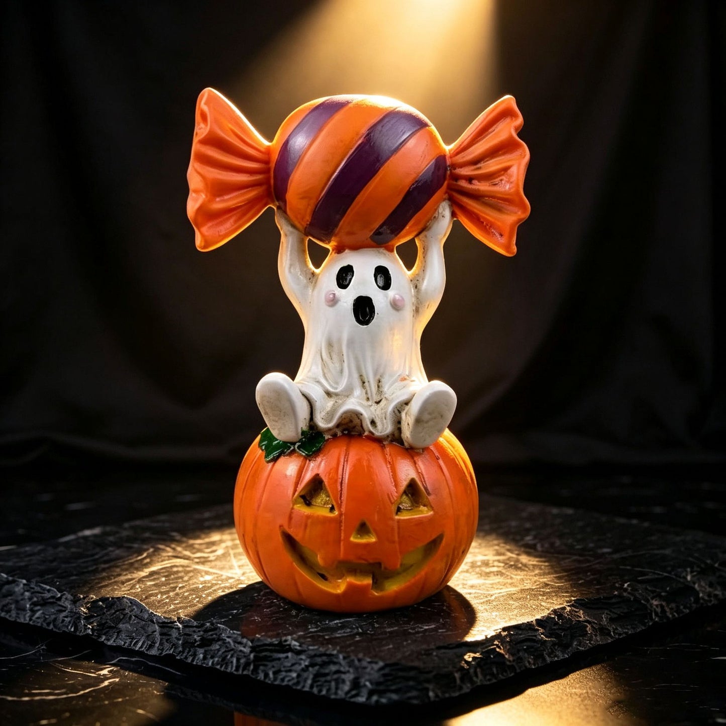 Halloween Resin Ghost Pumpkin Figurine: Little Ghost Sitting on Pumpkin with Candy on Head, Vintage Distressed Finish, Cute and Full of Character, Perfect for Desktops and Party Vibes.Ghost candy pumpkin-old style