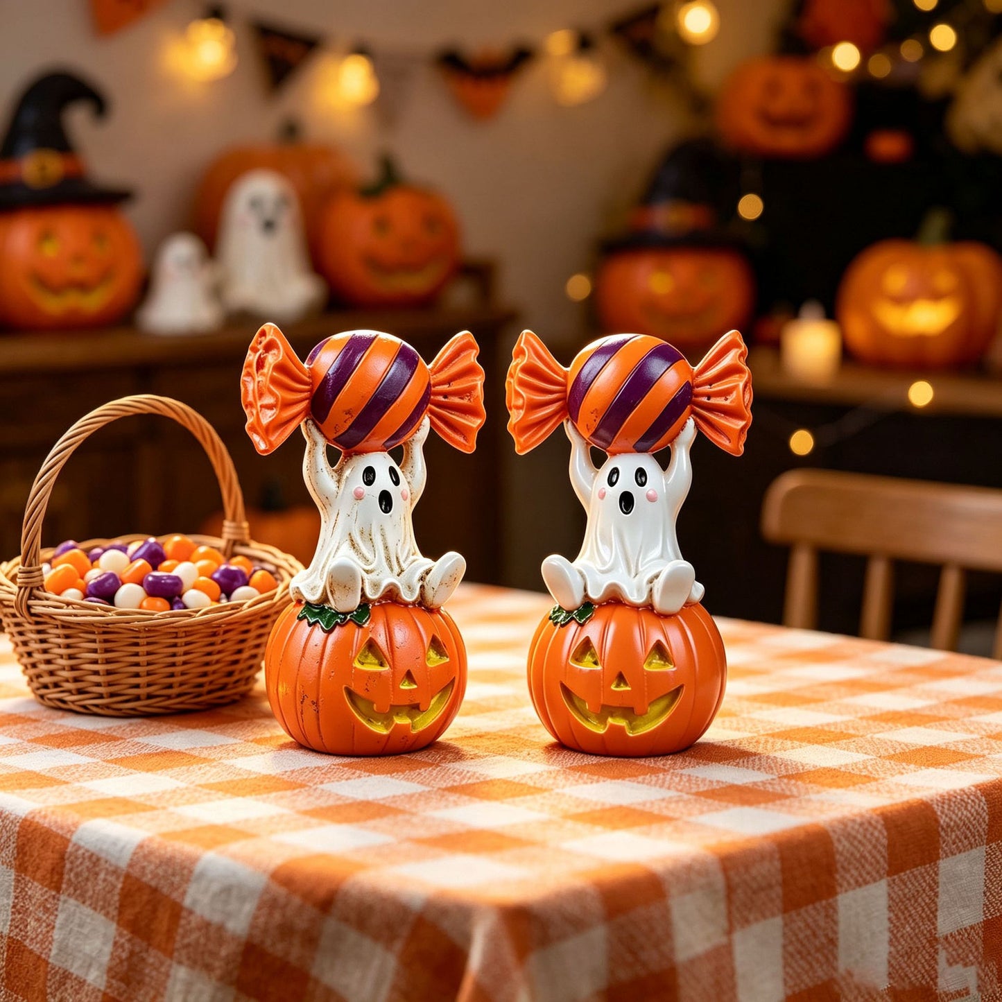 Halloween Resin Ghost Pumpkin Figurine: Little Ghost Sitting on Pumpkin with Candy on Head, Vintage Distressed Finish, Cute and Full of Character, Perfect for Desktops and Party Vibes.Ghost candy pumpkin-old style