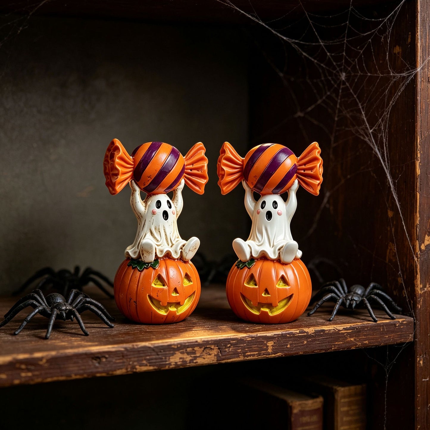 Halloween Resin Ghost Pumpkin Figurine: Little Ghost Sitting on Pumpkin with Candy on Head, Vintage Distressed Finish, Cute and Full of Character, Perfect for Desktops and Party Vibes.Ghost candy pumpkin-old style