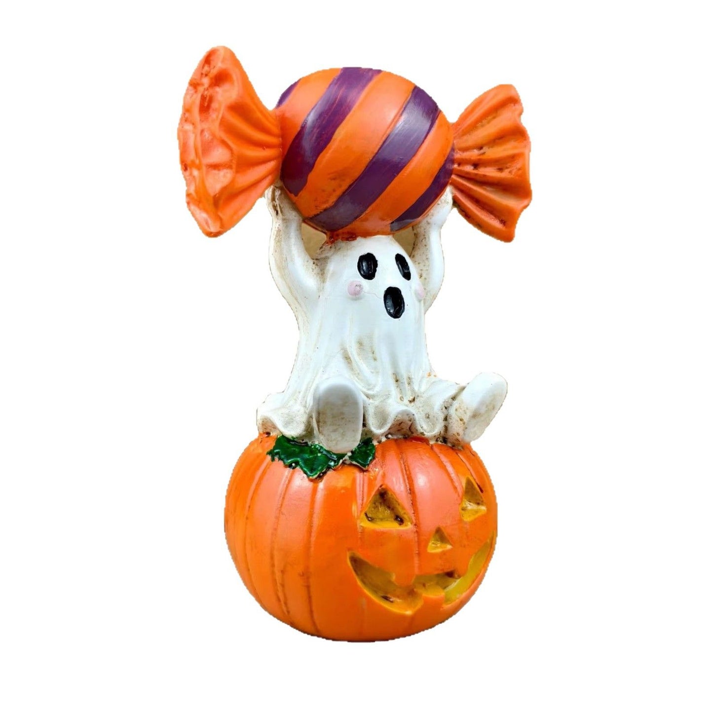 Halloween Resin Ghost Pumpkin Figurine: Little Ghost Sitting on Pumpkin with Candy on Head, Vintage Distressed Finish, Cute and Full of Character, Perfect for Desktops and Party Vibes.Ghost candy pumpkin-old style