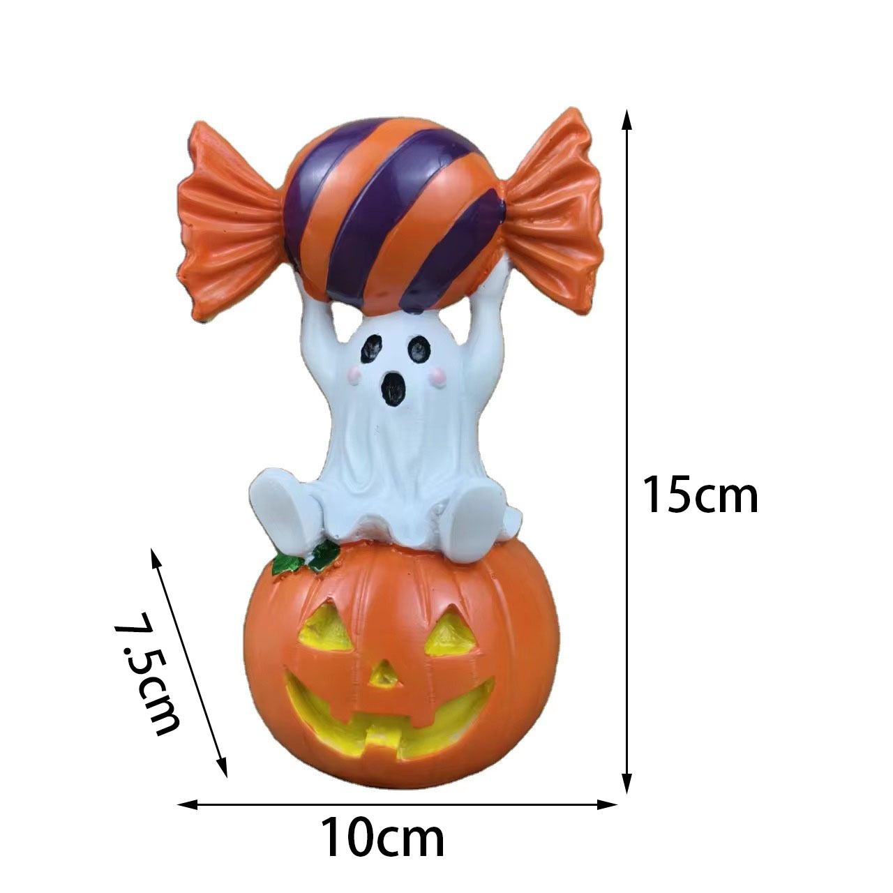 Halloween Resin Ghost Pumpkin Figurine: Little Ghost Sitting on Pumpkin with Candy on Head, Vintage Distressed Finish, Cute and Full of Character, Perfect for Desktops and Party Vibes.Ghost candy pumpkin-old style