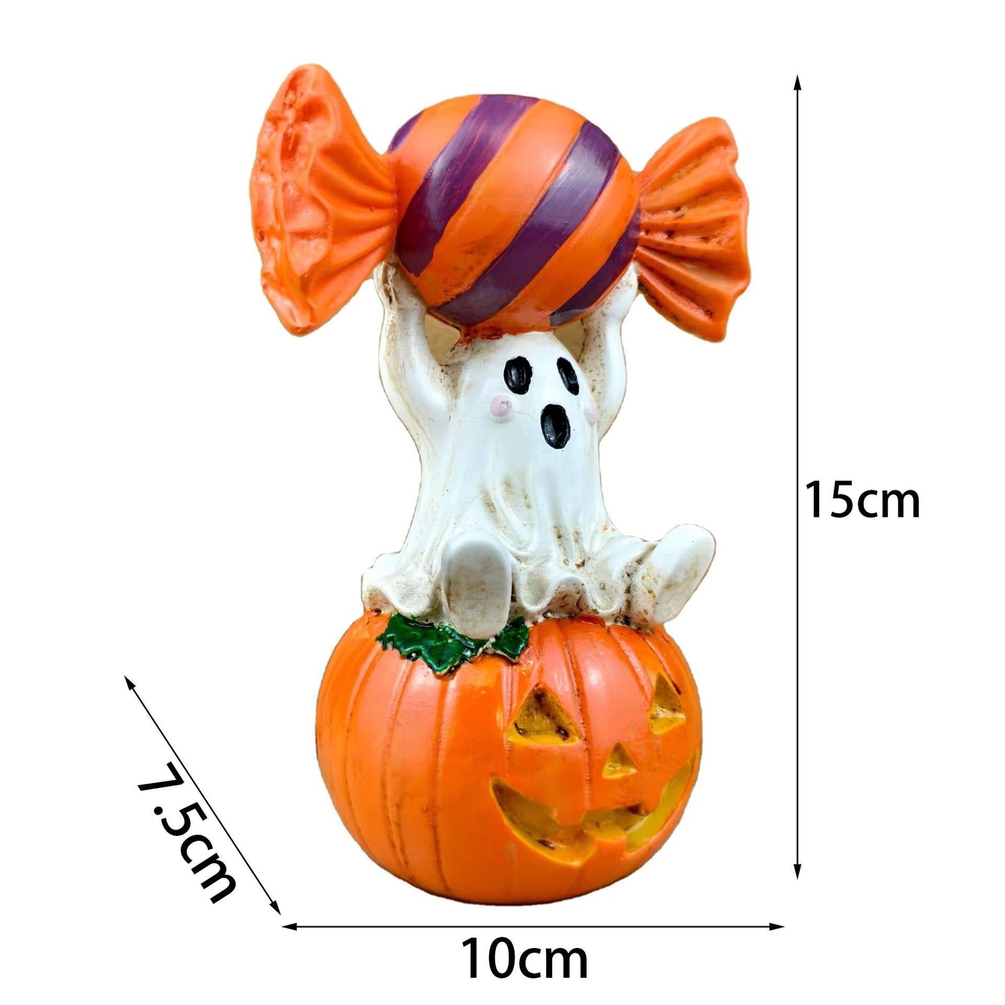 Halloween Resin Ghost Pumpkin Figurine: Little Ghost Sitting on Pumpkin with Candy on Head, Vintage Distressed Finish, Cute and Full of Character, Perfect for Desktops and Party Vibes.Ghost candy pumpkin-old style