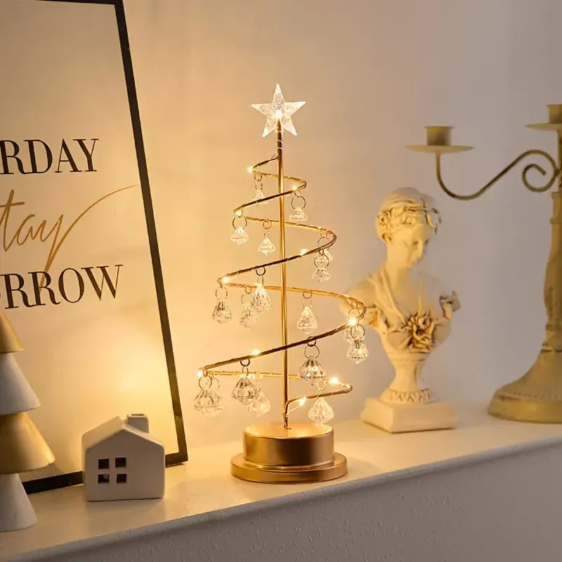 Warm Light Iron Art Crystal Christmas Tree Lamp, Battery Powered, Perfect for a Cozy Holiday Ambiance