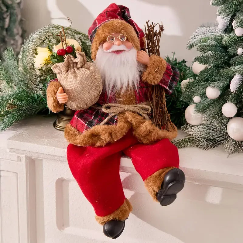 Collectible Sitting Santa Claus Doll | Classic Outfit with Gift Bag, Desktop & Mantel Décor, Ideal New Year & Christmas Gift / Silver-White Sitting Old Man