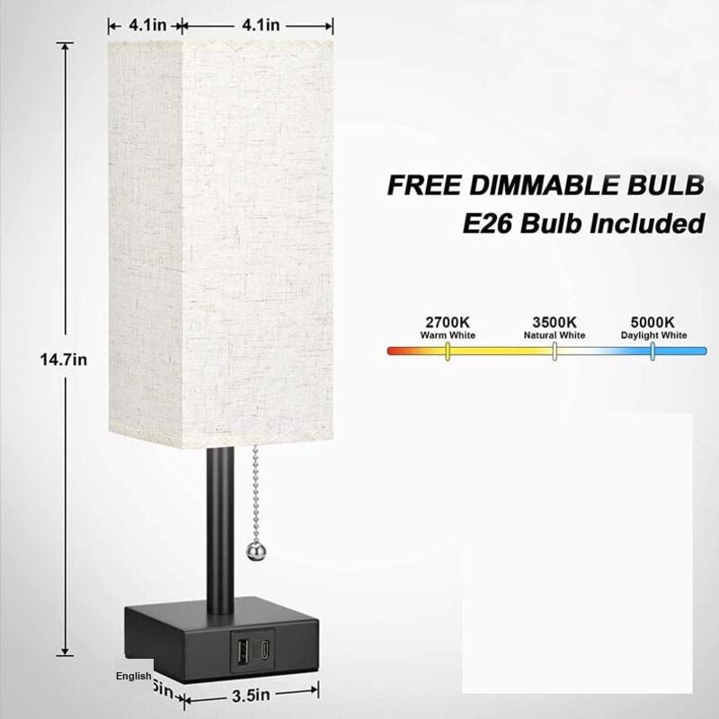 Dimmable Bedside Lamp with USB A and USB C Charging Ports LED Bulb Pull Chain Switch, 3000K 4000K 5000K