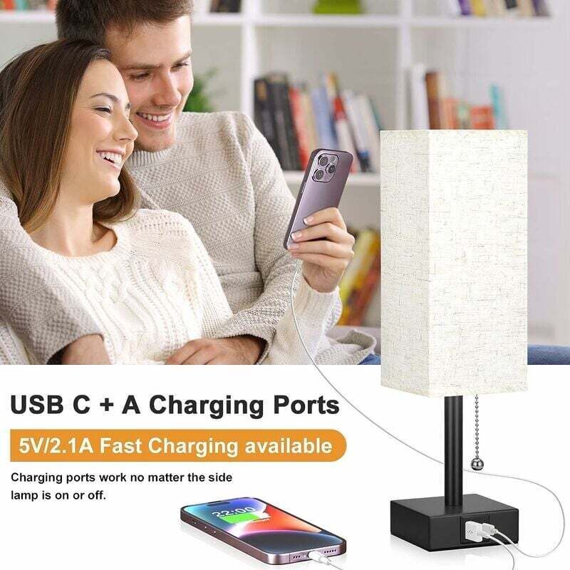 Dimmable Bedside Lamp with USB A and USB C Charging Ports LED Bulb Pull Chain Switch, 3000K 4000K 5000K