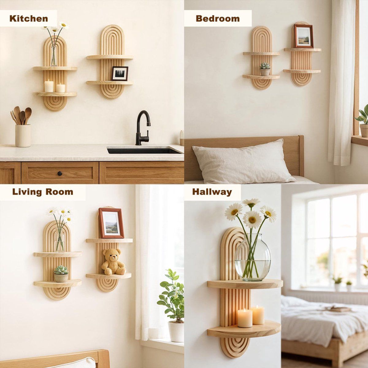 2-Tier Solid Wood Floating Wall Shelf Wall Mounted Storage Rack for Bedroom Living Room Bathroom, 30x19x10cm