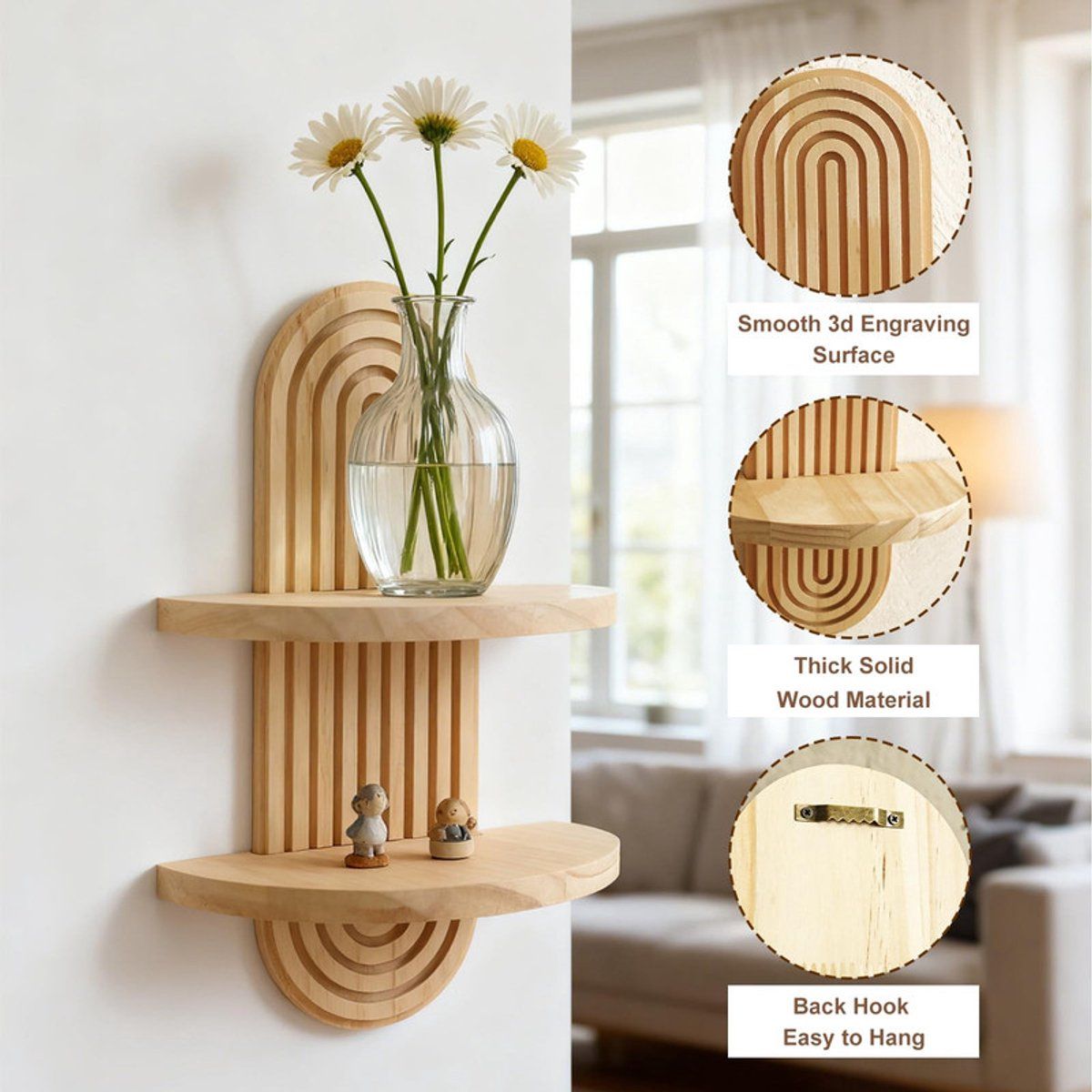 2-Tier Solid Wood Floating Wall Shelf Wall Mounted Storage Rack for Bedroom Living Room Bathroom, 30x19x10cm