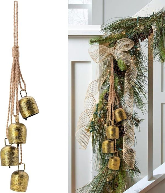 Vintage Gold Metal Cow Bells Hanging Ornament with Natural Jute Rope, Rustic Christmas Decorative Bells for Xmas Wreath, Front Door, Wedding, Farmhouse Holiday Party Decoration