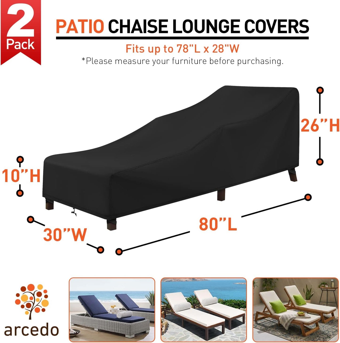 Patio Chaise Lounge Cover – Water Resistant, Black, 80" x 30" x 26" H, 2 Pack