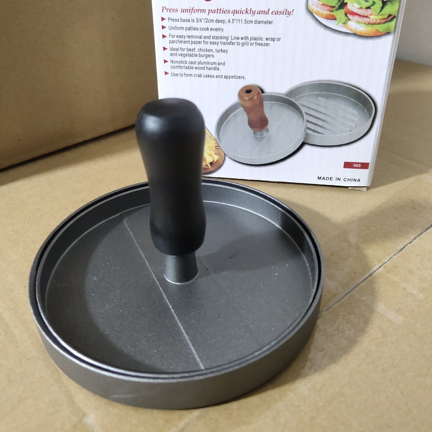 Aluminum Wooden Handle Hamburger Press - 170g Meat Patty Maker with Non-Stick Surface - Burger Press for Kitchen BBQ - Red Wood Handle Matte