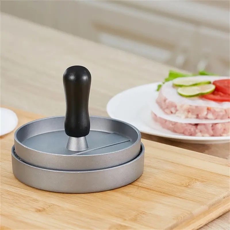 Aluminum Wooden Handle Hamburger Press - 170g Meat Patty Maker with Non-Stick Surface - Burger Press for Kitchen BBQ - Red Wood Handle Matte