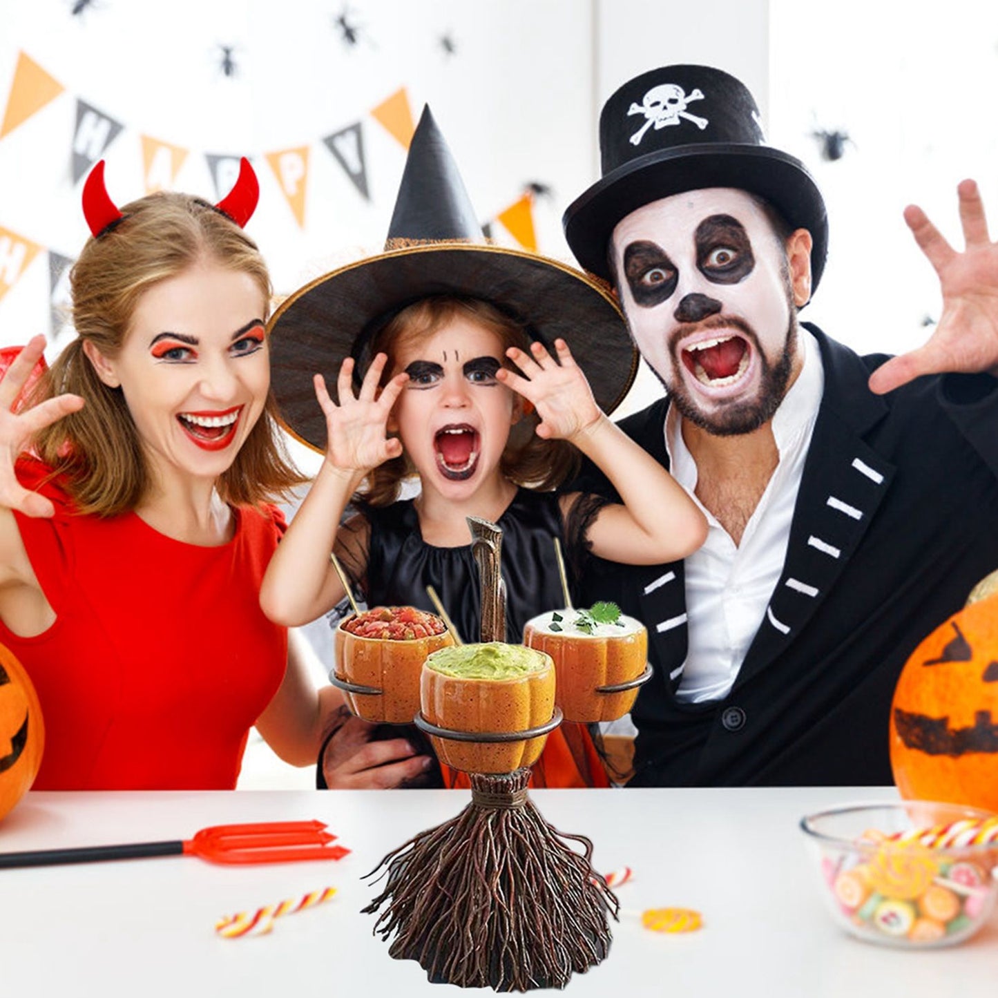 Halloween Resin Pumpkin Bowls On Broom for Serving Snacks Salad Fruit Halloween Party Supplies Decorations