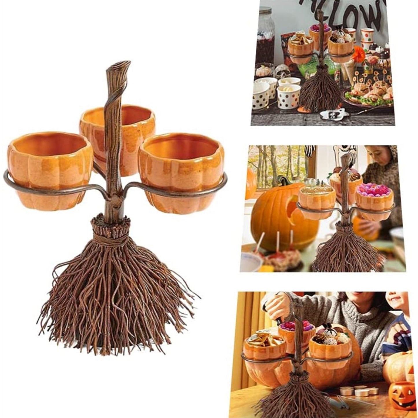 Halloween Resin Pumpkin Bowls On Broom for Serving Snacks Salad Fruit Halloween Party Supplies Decorations