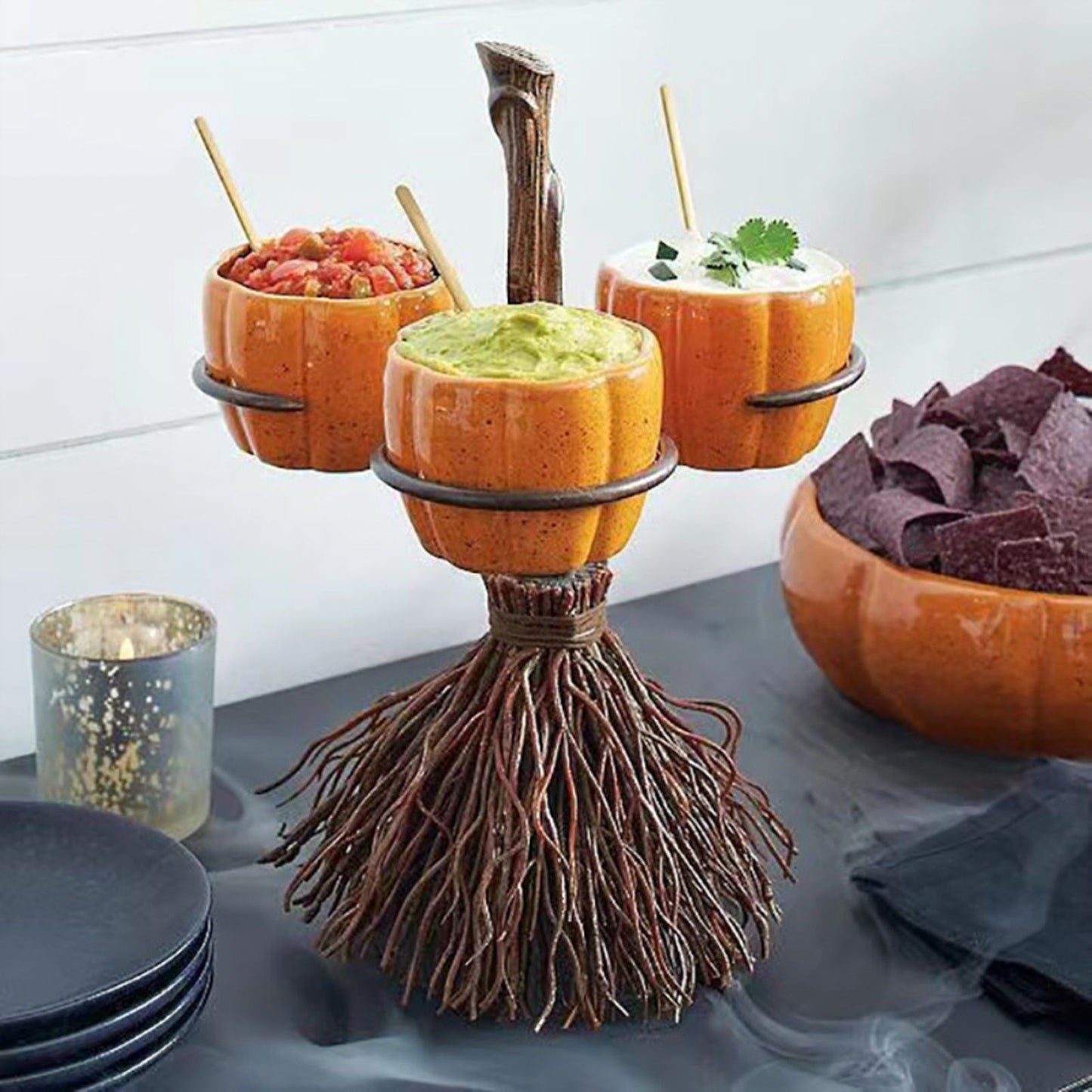 Halloween Resin Pumpkin Bowls On Broom for Serving Snacks Salad Fruit Halloween Party Supplies Decorations
