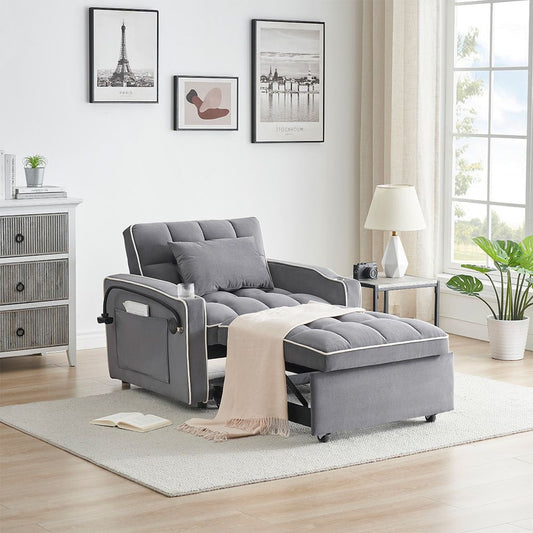 Single-seater sofa bed, equipped with USB ports and a phone holder - Beige