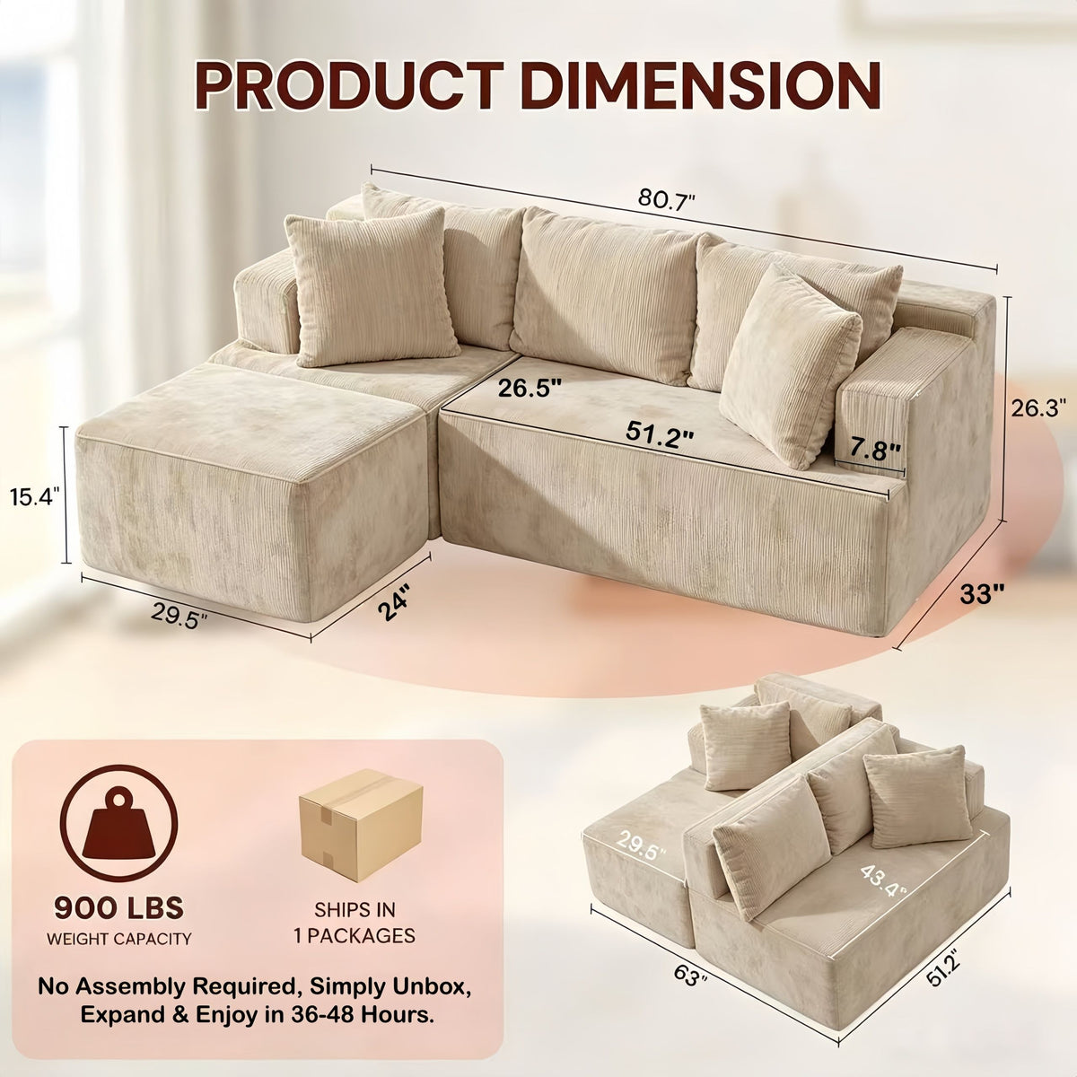 Couch Modular Sectional 3 Seater Sofa L-Shaped Khaki，81" Boneless Sofa Bed, Deep Seat and Side Pockets,Breathable Cheneille, High Density Pure Sponge,No Assembly Needed