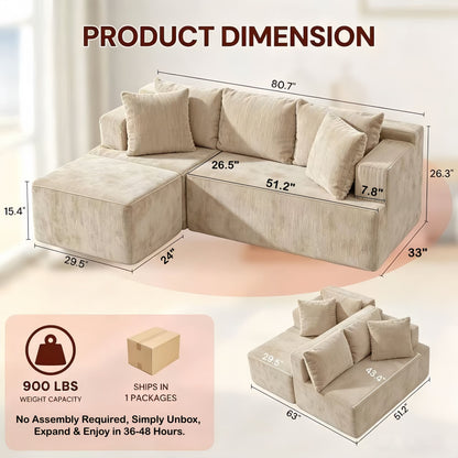 Couch Modular Sectional 3 Seater Sofa L-Shaped Khaki，81" Boneless Sofa Bed, Deep Seat and Side Pockets,Breathable Cheneille, High Density Pure Sponge,No Assembly Needed