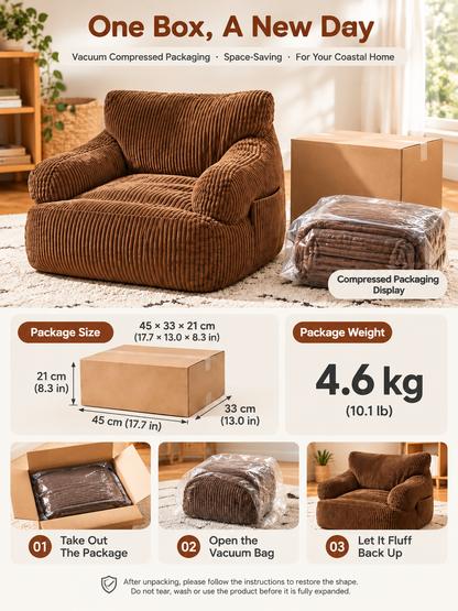 Kids Single Sofa Chair with Corduroy Fabric and Storage Pocket, Cozy Bean Bag Lounger for Children Bedroom and Home Reading Nook (Ivory)