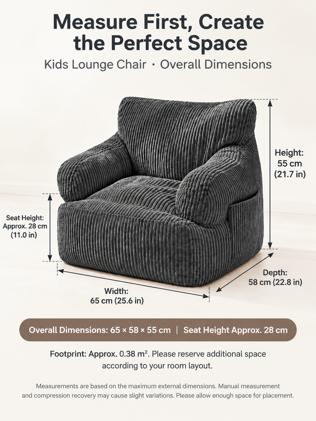 Kids Single Sofa Chair with Corduroy Fabric and Storage Pocket, Cozy Bean Bag Lounger for Children Bedroom and Home Reading Nook (Ivory)