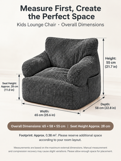 Kids Single Sofa Chair with Corduroy Fabric and Storage Pocket, Cozy Bean Bag Lounger for Children Bedroom and Home Reading Nook (Ivory)