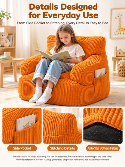 Kids Single Sofa Chair with Corduroy Fabric and Storage Pocket, Cozy Bean Bag Lounger for Children Bedroom and Home Reading Nook (Ivory)