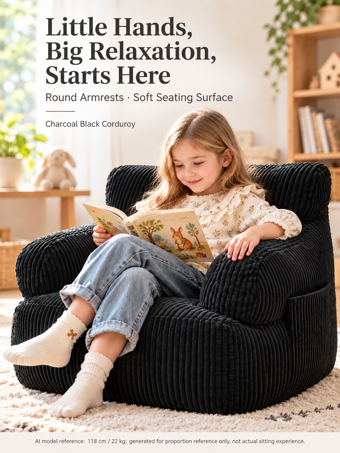 Kids Single Sofa Chair with Corduroy Fabric and Storage Pocket, Cozy Bean Bag Lounger for Children Bedroom and Home Reading Nook (Ivory)