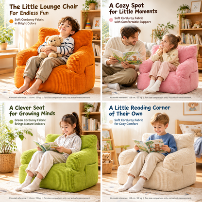 Kids Single Sofa Chair with Corduroy Fabric and Storage Pocket, Cozy Bean Bag Lounger for Children Bedroom and Home Reading Nook (Ivory)