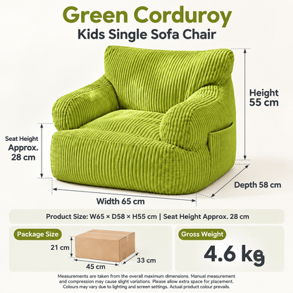 Kids Single Sofa Chair with Corduroy Fabric and Storage Pocket, Cozy Bean Bag Lounger for Children Bedroom and Home Reading Nook (Ivory)