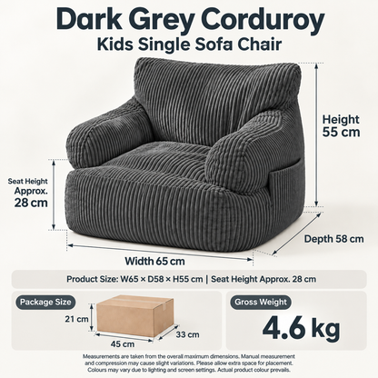 Kids Single Sofa Chair with Corduroy Fabric and Storage Pocket, Cozy Bean Bag Lounger for Children Bedroom and Home Reading Nook (Ivory)