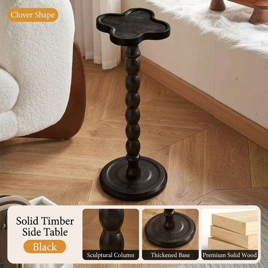 Solid Rubber Wood Side Table with Clover Shape Top, Small Space Saving End Table for Living Room Bedroom Sofa, Vintage Decor Plant Stand (Black)