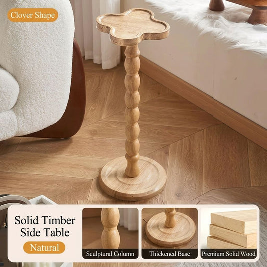 Solid Rubber Wood Side Table with Clover Shape Top, Small Space Saving End Table for Living Room Bedroom Sofa, Vintage Decor Plant Stand (Natural)