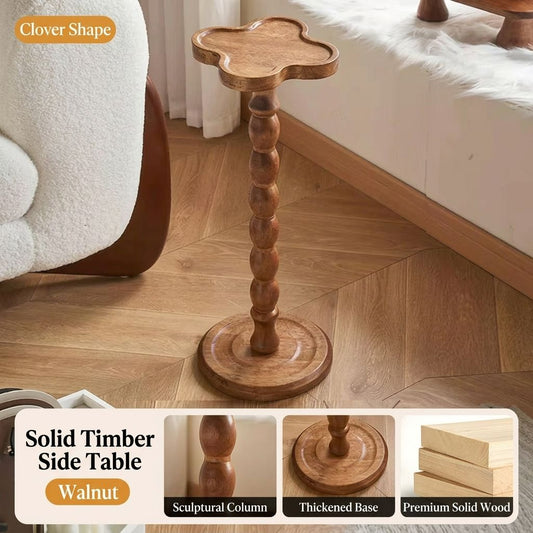 Solid Rubber Wood Side Table with Clover Shape Top, Small Space Saving End Table for Living Room Bedroom Sofa, Vintage Decor Plant Stand (Walnut)