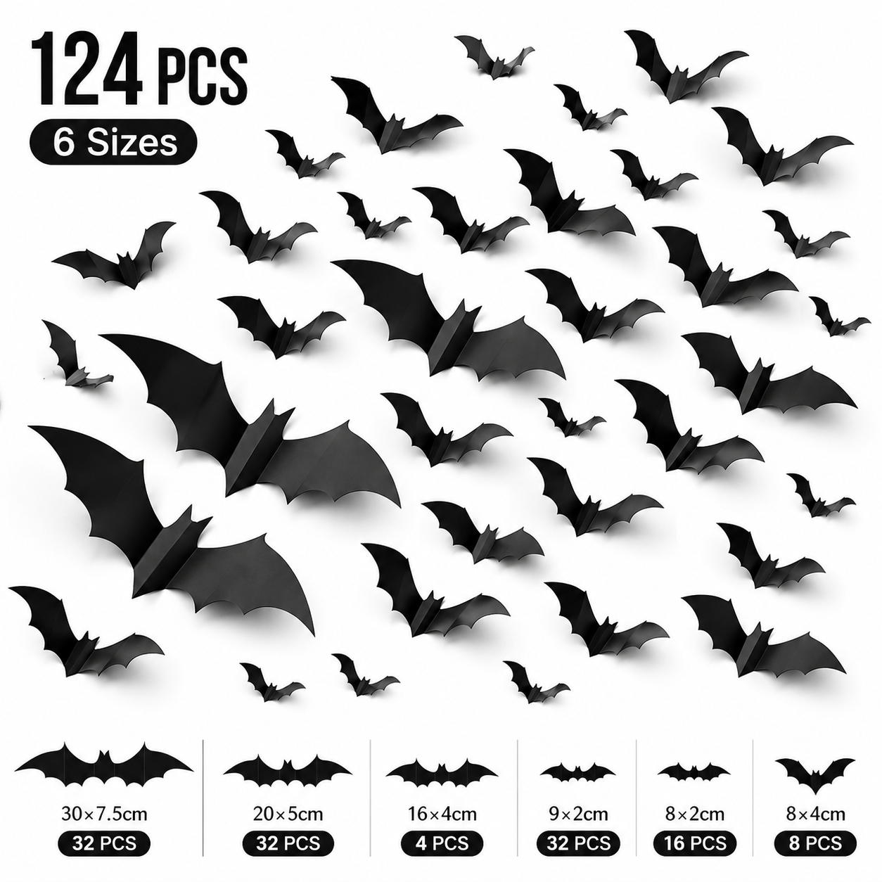 124 PCS Halloween Bat Wall Stickers 3D Black Bat Decorations, PVC Removable Wall Decals for Indoor Outdoor Halloween Party Home Door Window Decor