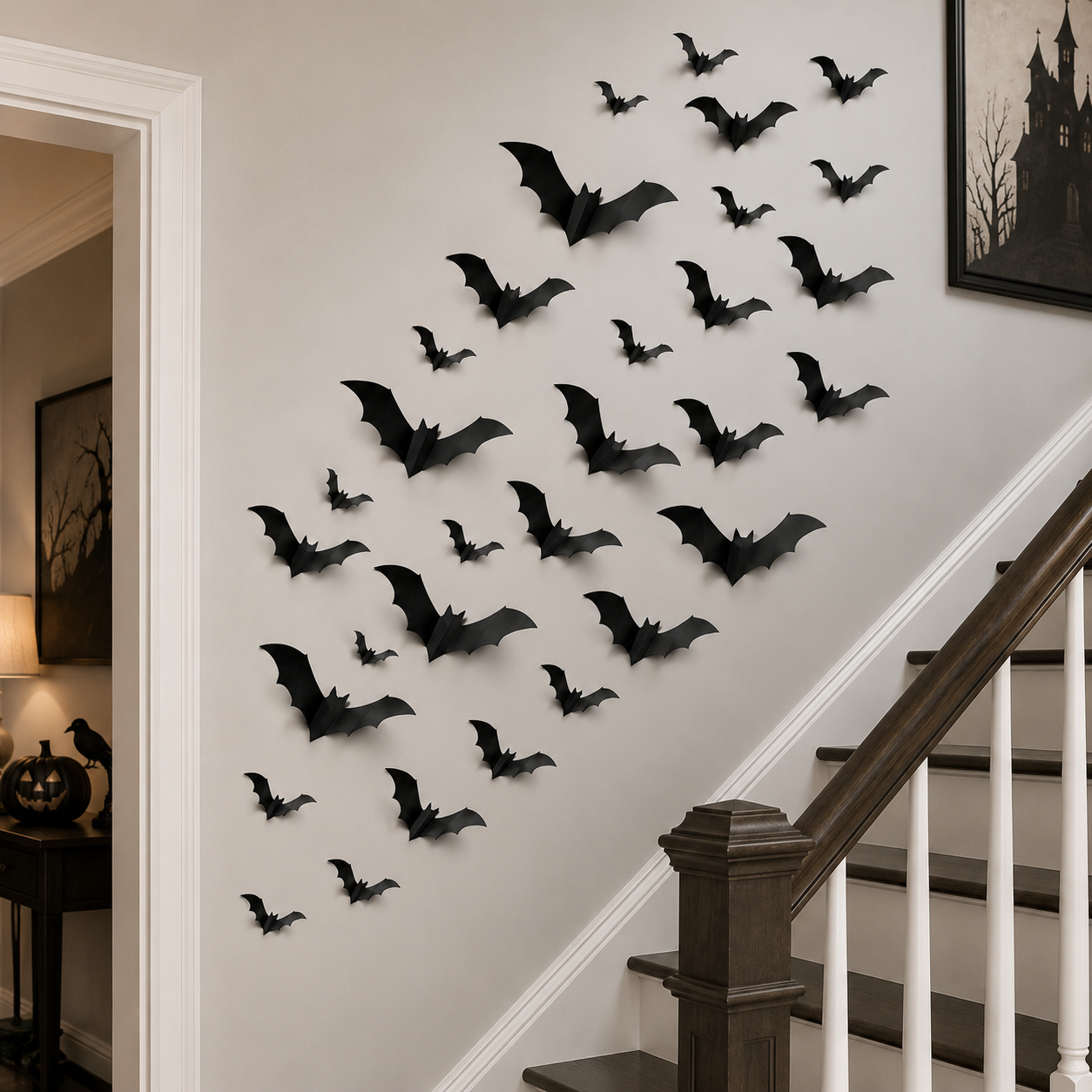 124 PCS Halloween Bat Wall Stickers 3D Black Bat Decorations, PVC Removable Wall Decals for Indoor Outdoor Halloween Party Home Door Window Decor