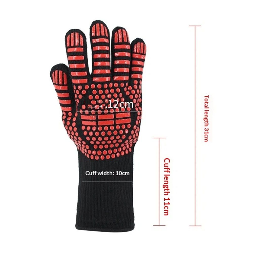 1 pair BBQ Gloves Heat and Flame Resistant Protection - Oven and Grill Gloves Hand Protection, Extended Wrist for Addtional Safety, Ideal for Outdoor Cooking, Grilling, Barbeque and Campfire (Red)