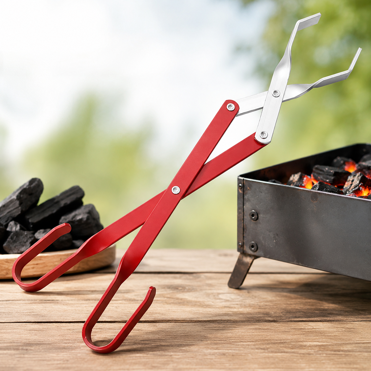 Charcoal Clip Small Long Bbq Tongs with Wood Handle, Metal Barbecue Clip for Grilling and Outdoor Camping Bonfire Accessories