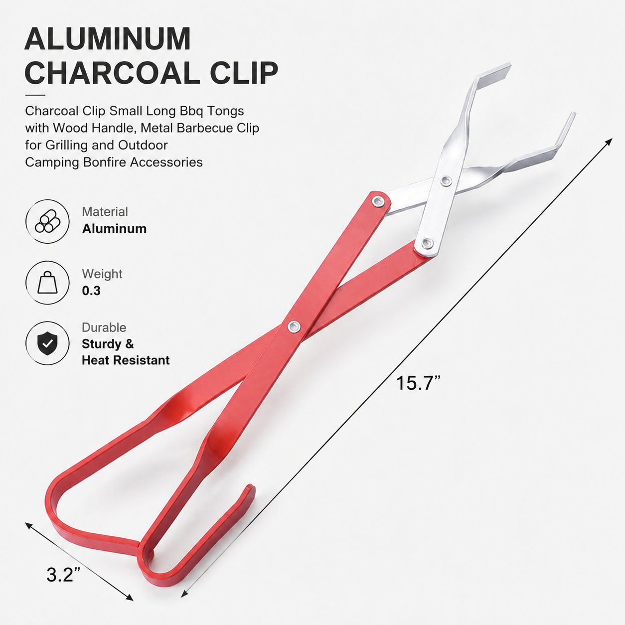 Charcoal Clip Small Long Bbq Tongs with Wood Handle, Metal Barbecue Clip for Grilling and Outdoor Camping Bonfire Accessories
