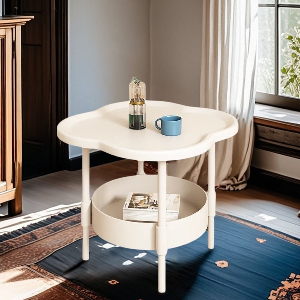 Small Bedside Table with Double Layer Storage | Mobile Side Table for Bedroom, Living Room & Small Spaces | White Plastic Nightstand with Open Shelves | 18.5X18.5X14.57 Inches