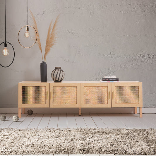 Casa Decor Rattan Entertainment Unit TV Stand showcasing a warm timber finish, wicker texture, and minimalist design.