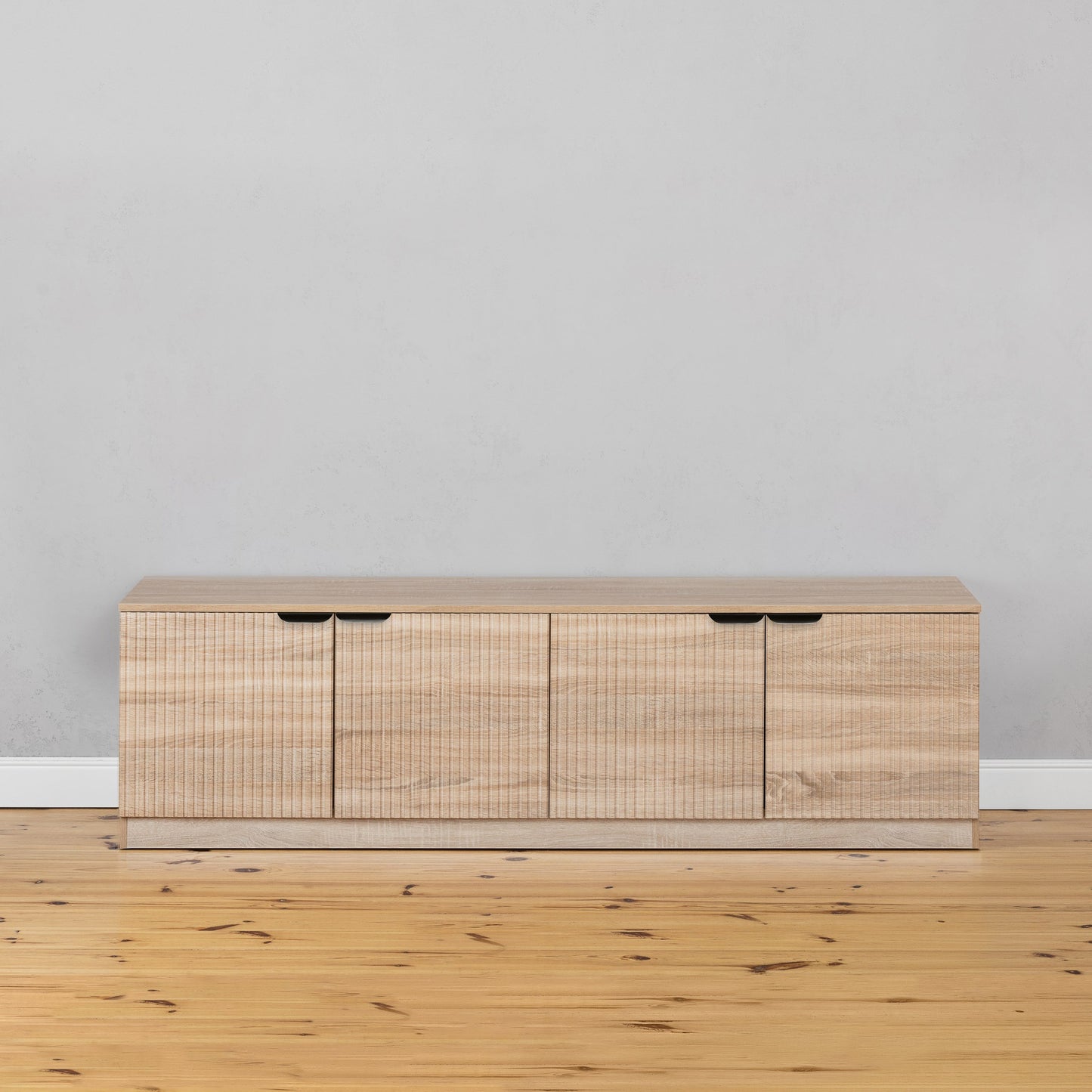 BUCHAREST TV UNIT - NATURAL OAK - SLIM & FLUTED - BRASS & BLACK PULLS