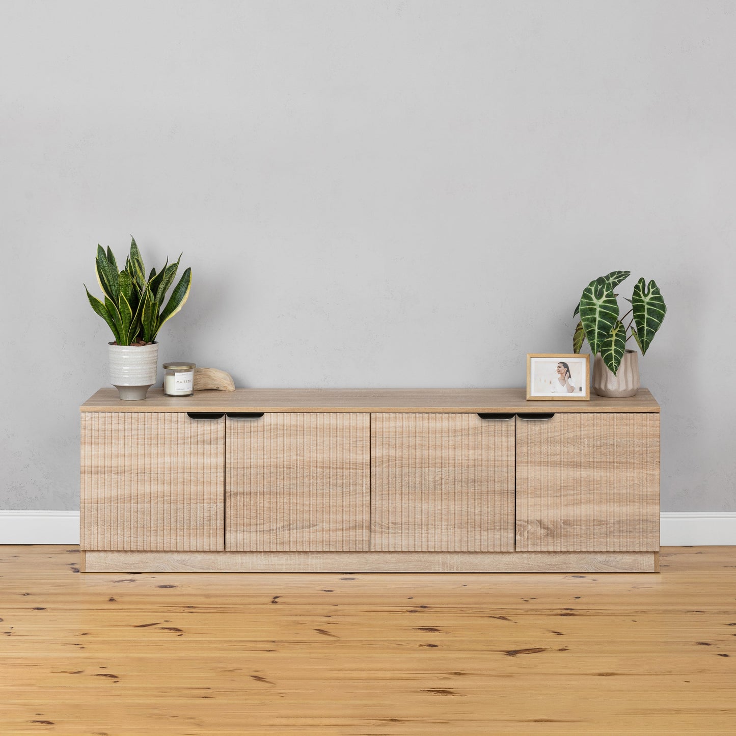 BUCHAREST TV UNIT - NATURAL OAK - SLIM & FLUTED - BRASS & BLACK PULLS