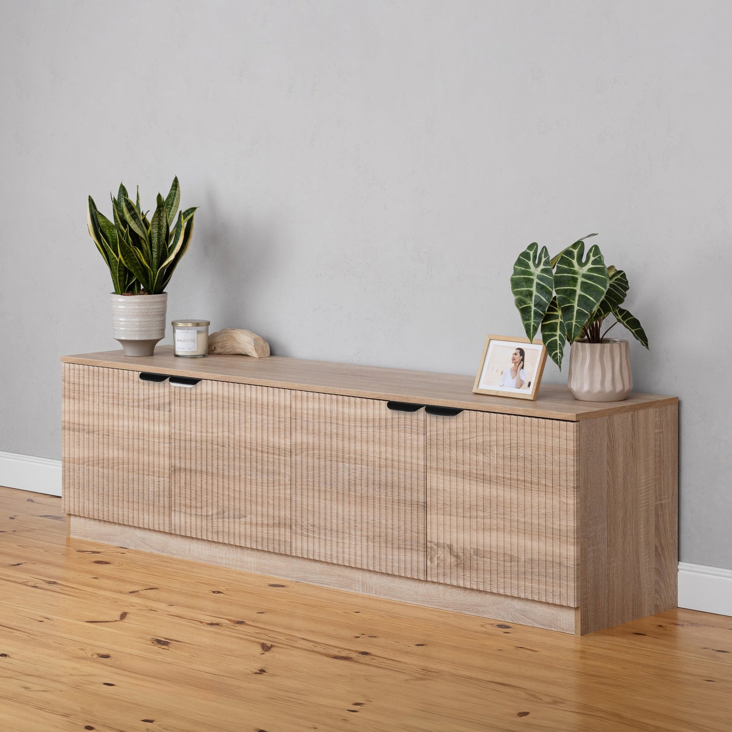 BUCHAREST TV UNIT - NATURAL OAK - SLIM & FLUTED - BRASS & BLACK PULLS