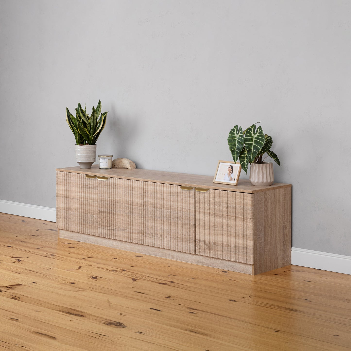 BUCHAREST TV UNIT - NATURAL OAK - SLIM & FLUTED - BRASS & BLACK PULLS