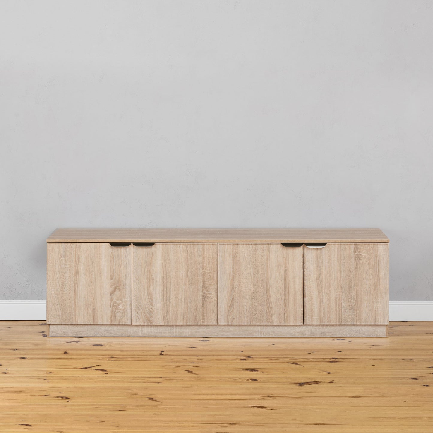 BUCHAREST TV UNIT - NATURAL OAK - SLIM & FLUTED - BRASS & BLACK PULLS